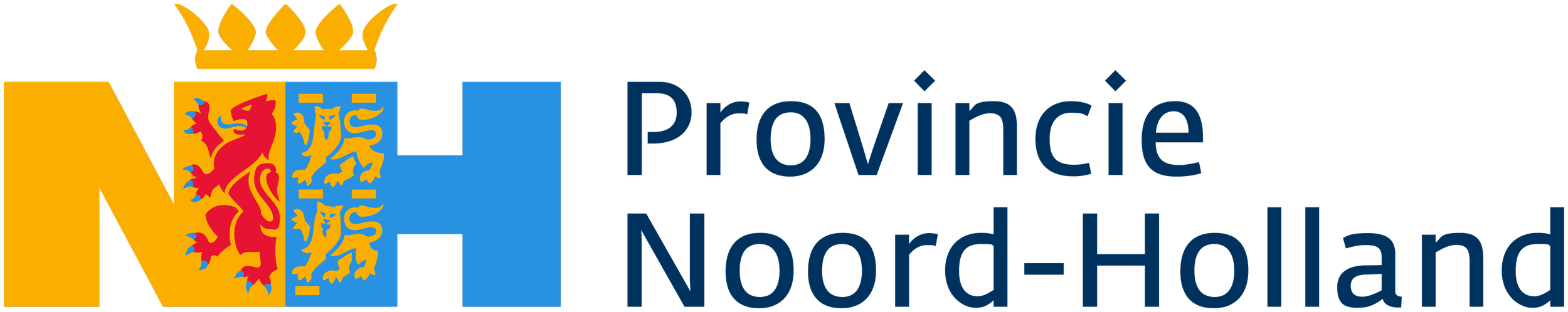 Logo van provincie Noord-Holland met een gele letter 'N' en een schild met een leeuwenkop en drie leeuwen, en de tekst 'Provincie Noord-Holland'.
