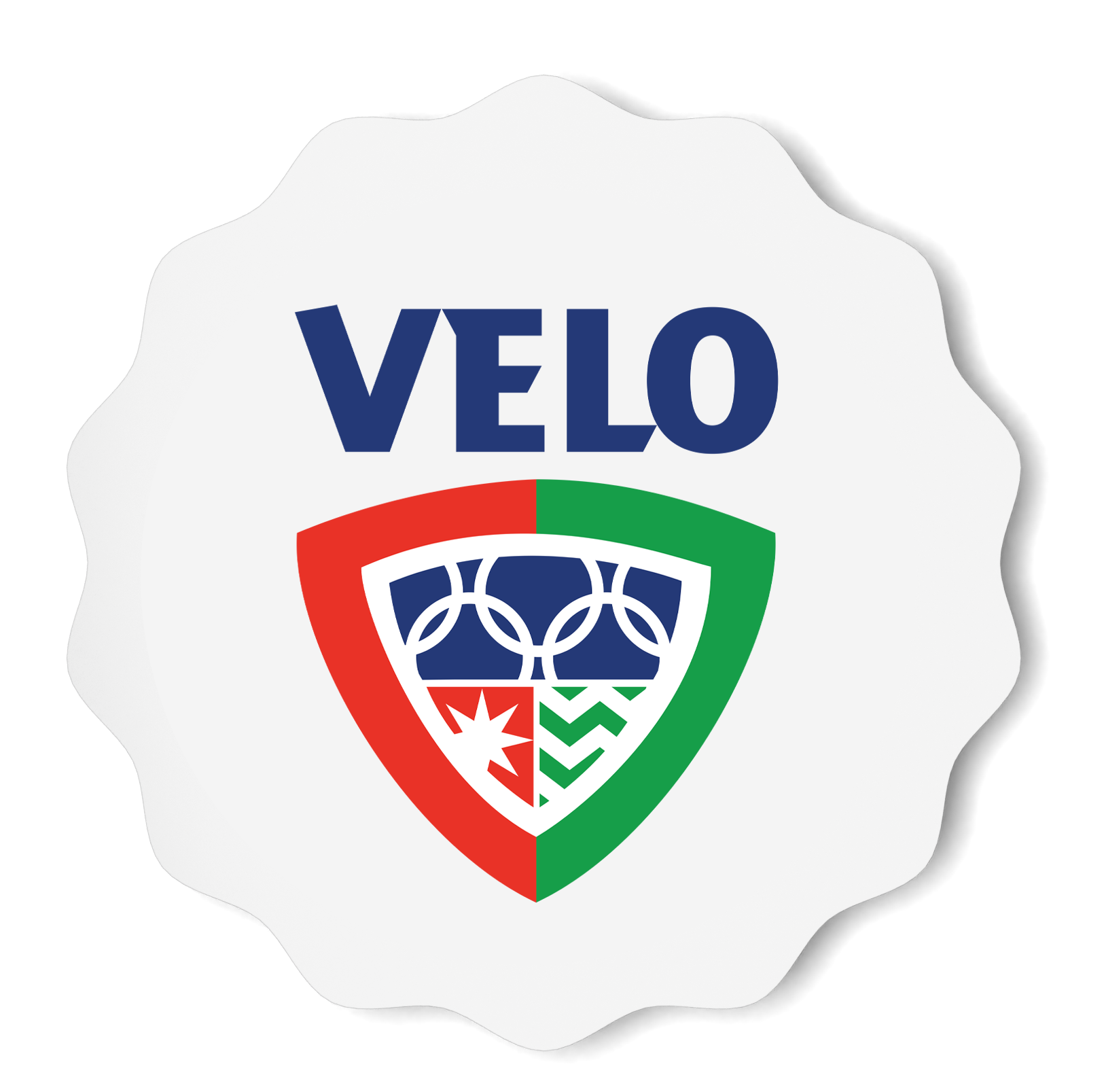 Logo van Velo met de olympische ringen en een rood, witte en groene rand, symbool voor Italië.