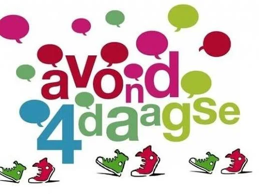 Een grafische afbeelding met tekst en pictogrammen, met de woorden 'avond 4 daagse' en speelse loopfoto's van lopers.
