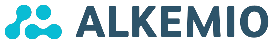 Logo van Alkemi bestaande uit blauwe en grijze elementen en tekst.