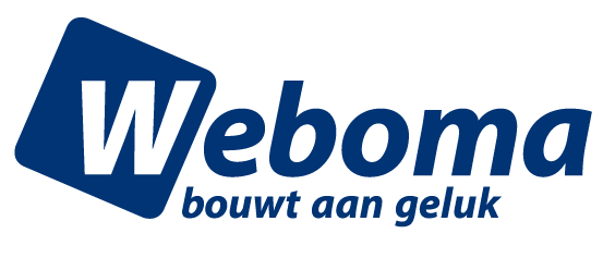 Logo van Weboma met de slogan 'bouwt aan geluk'.