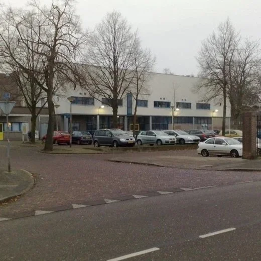 Straat met parkeerplaatsen en een wit gebouw met grote ramen, omgeven door bomen zonder bladeren, tijdens een bewolkte dag.