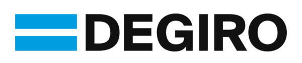 Logo van de DEGIRO beleggingsdienst, met een blauw en witte grafische balk en de naam in zwart tekst.