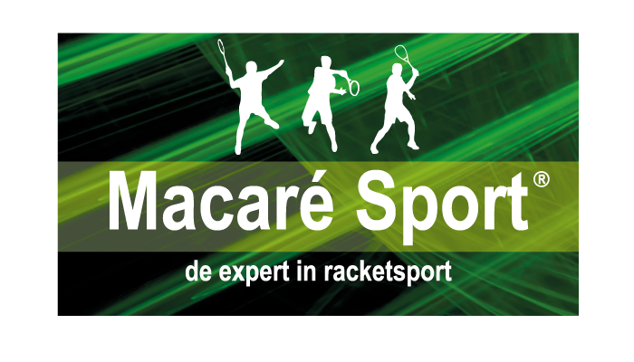 Logomap met vier witte silhouetten van mensen die rackets vasthouden of slaan, op een groene en zwarte achtergrond, met de tekst 'Macaré Sport' en 'de expert in racketsport'.