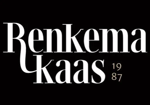 Logo van Renkema Kaas met de tekst 'Renkema Kaas 1987' op een zwarte achtergrond.