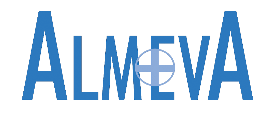 Het woord ‘ALMEVA’ in grote blauwe letters met een schietvizier in het midden.