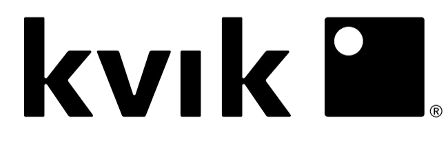 Logo van Kvikk met een zwart en witte kleur, inclusief een cirkel in een vierkant.