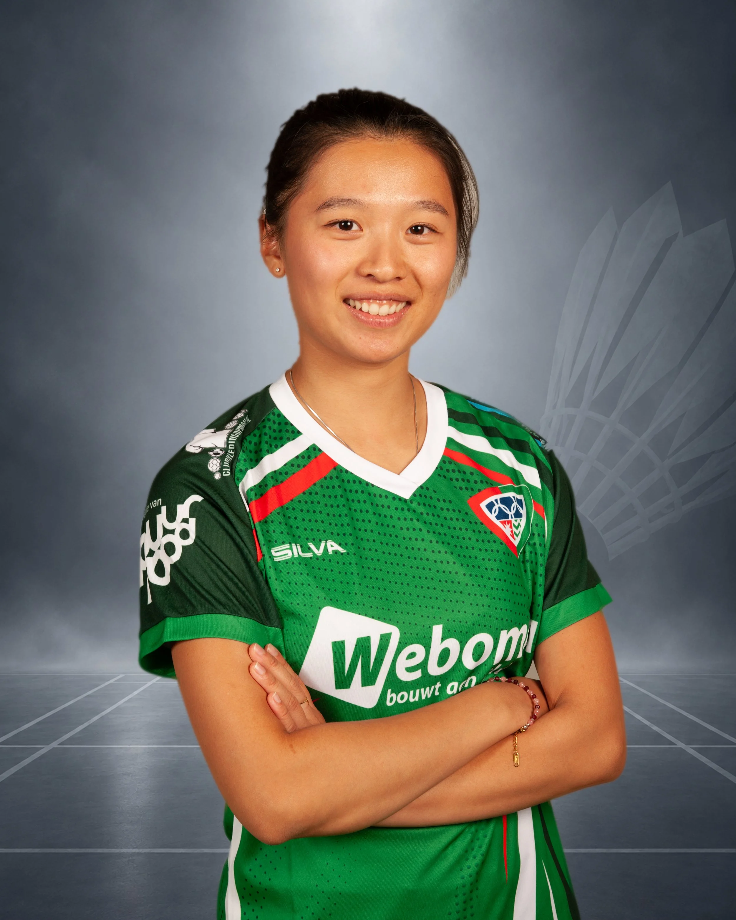 Badmintonner Amy Tan in haar Velo clubshirt