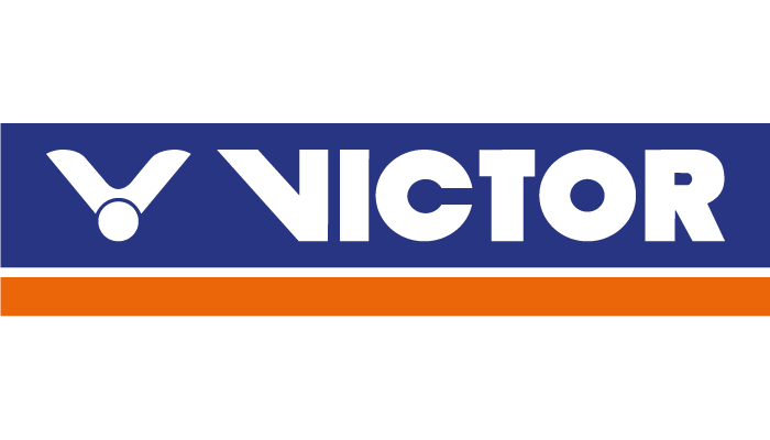 Een logo met de tekst 'VICHTOR' in wit op een blauwe achtergrond, met een vleugelachtig symbool links van de tekst en een oranje strook eronder.