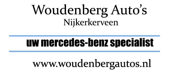 Tekst op een wit bord of papier met de naam "Woudenberg Auto's" en de locatie "Nijkerkerveen", informatie over een Mercedes-Benz specialist, en de website www.woudenberggautos.nl.