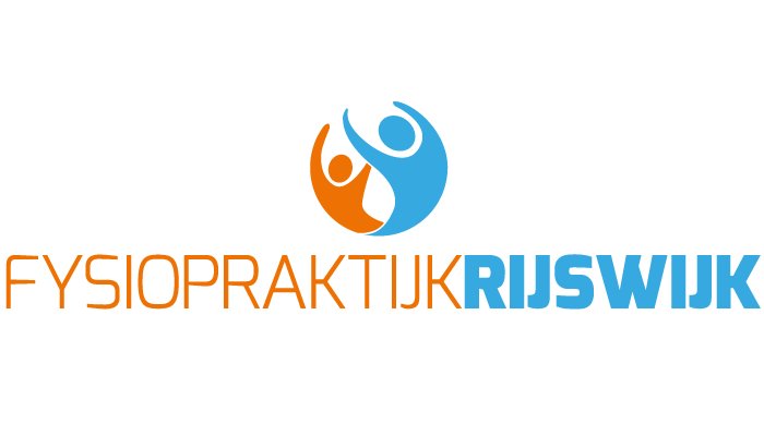 Logo van Fysiopraktijk Rijswijk met twee gestileerde menselijke figuren in blauw en oranje, ondersteund door de tekst 'Fysiopraktijk Rijswijk'.
