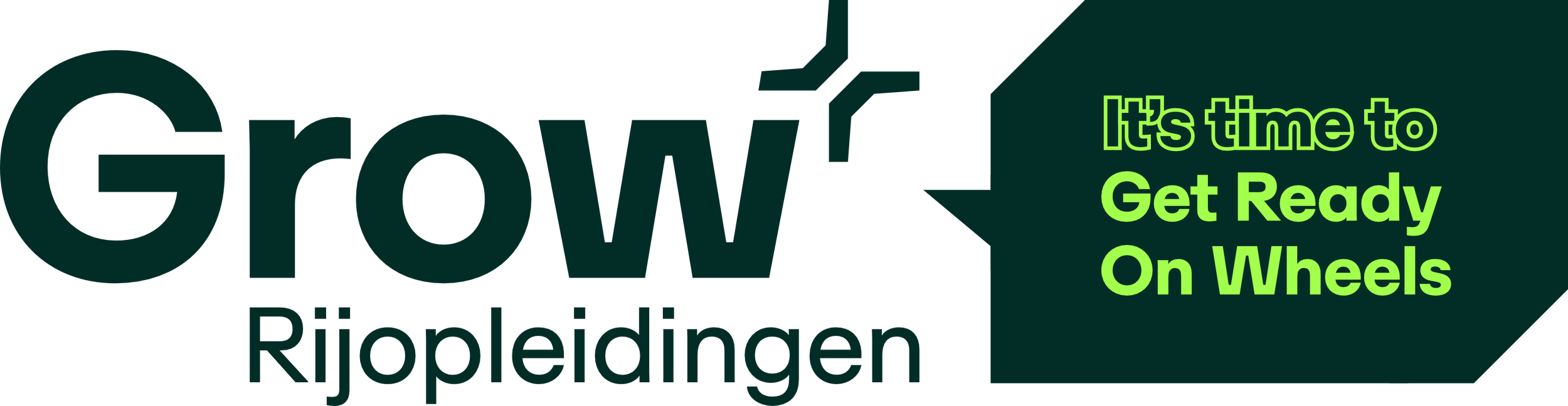 Logo van GrowRijpleidingen met de tekst 'It's time to Get Ready On Wheels' in groen op een donkere achtergrond.