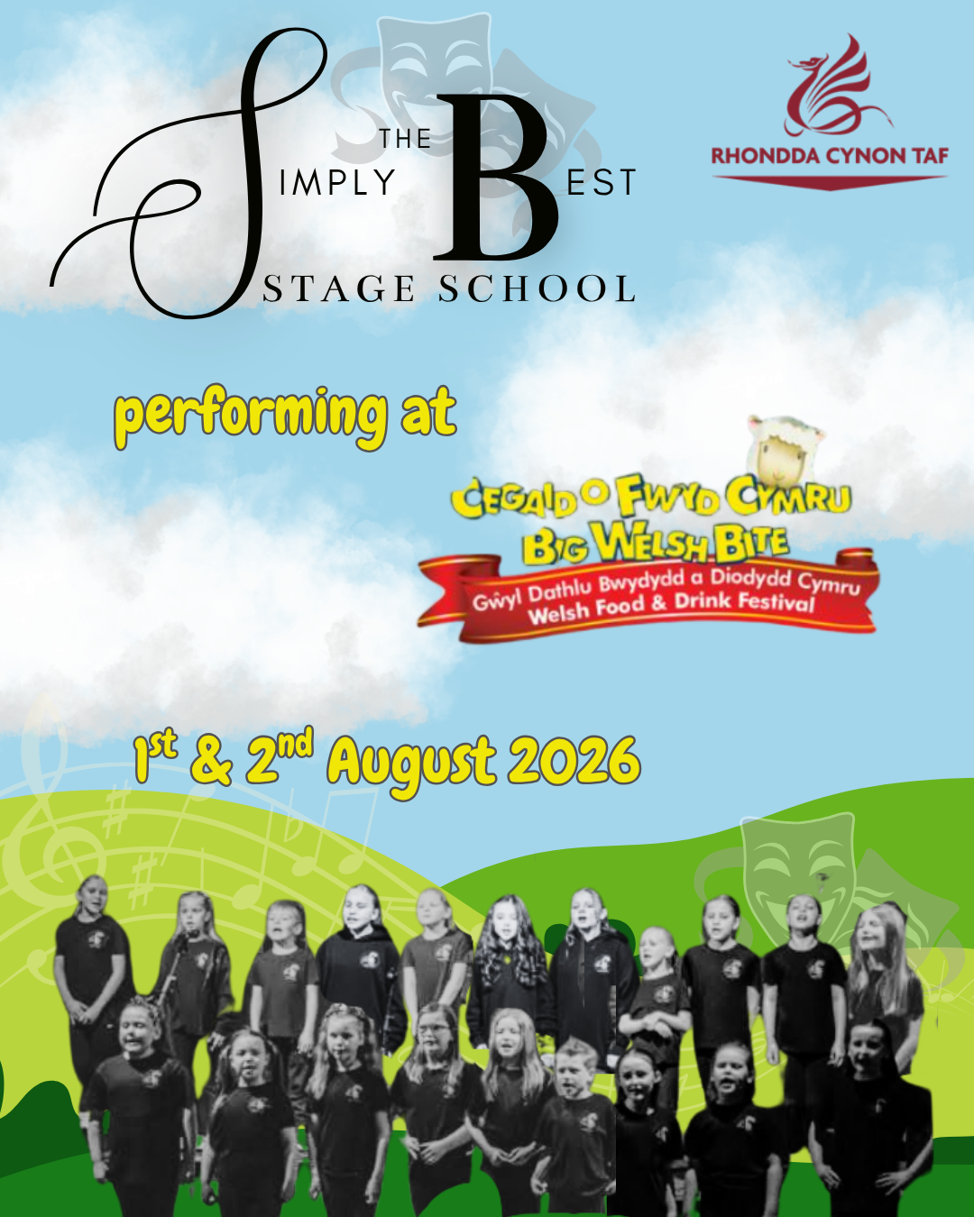 Children performing at the Welsh Food & Drink Festival at the Big Welsh Bite event in Wales, August 1st and 2nd, 2026, with a colorful background and stage performance theme.