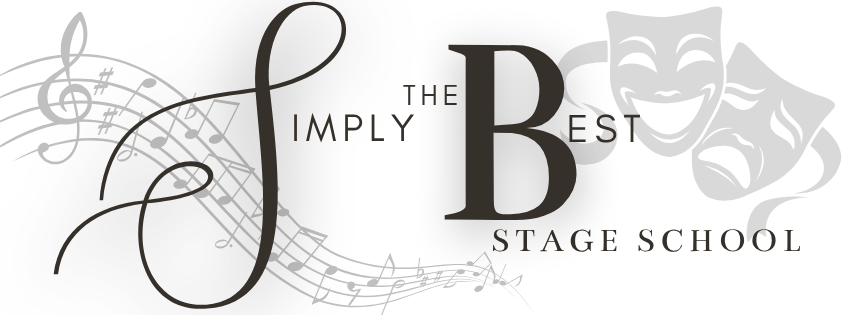 Logo for The Imply the Beat Stage School with musical notes and comedy and tragedy masks.