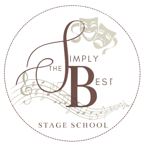Logo for Simply the Best Stage School featuring theatrical masks, musical notes, and elegant text.