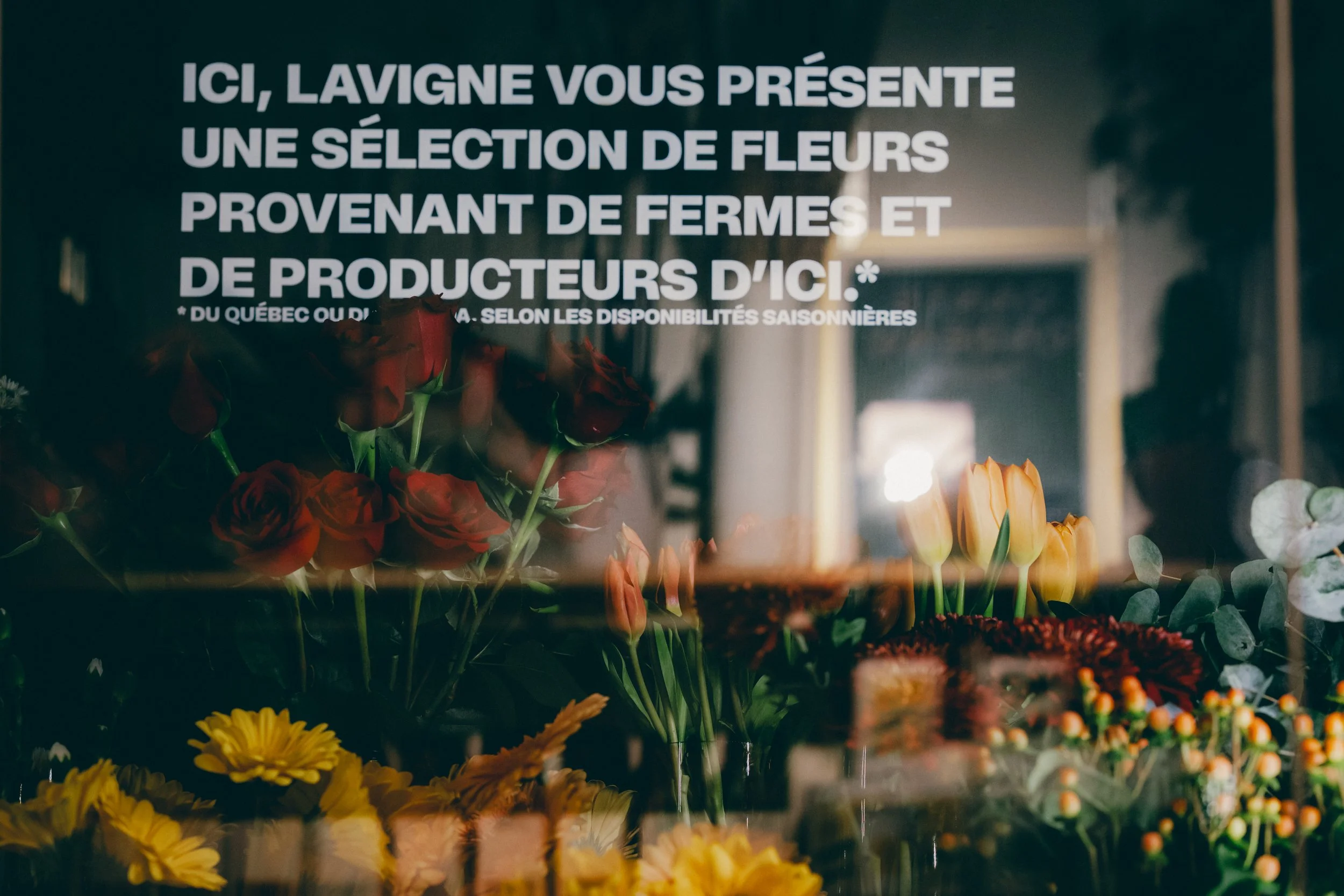 Vitrine de fleurs avec un panneau publicitaire en français.