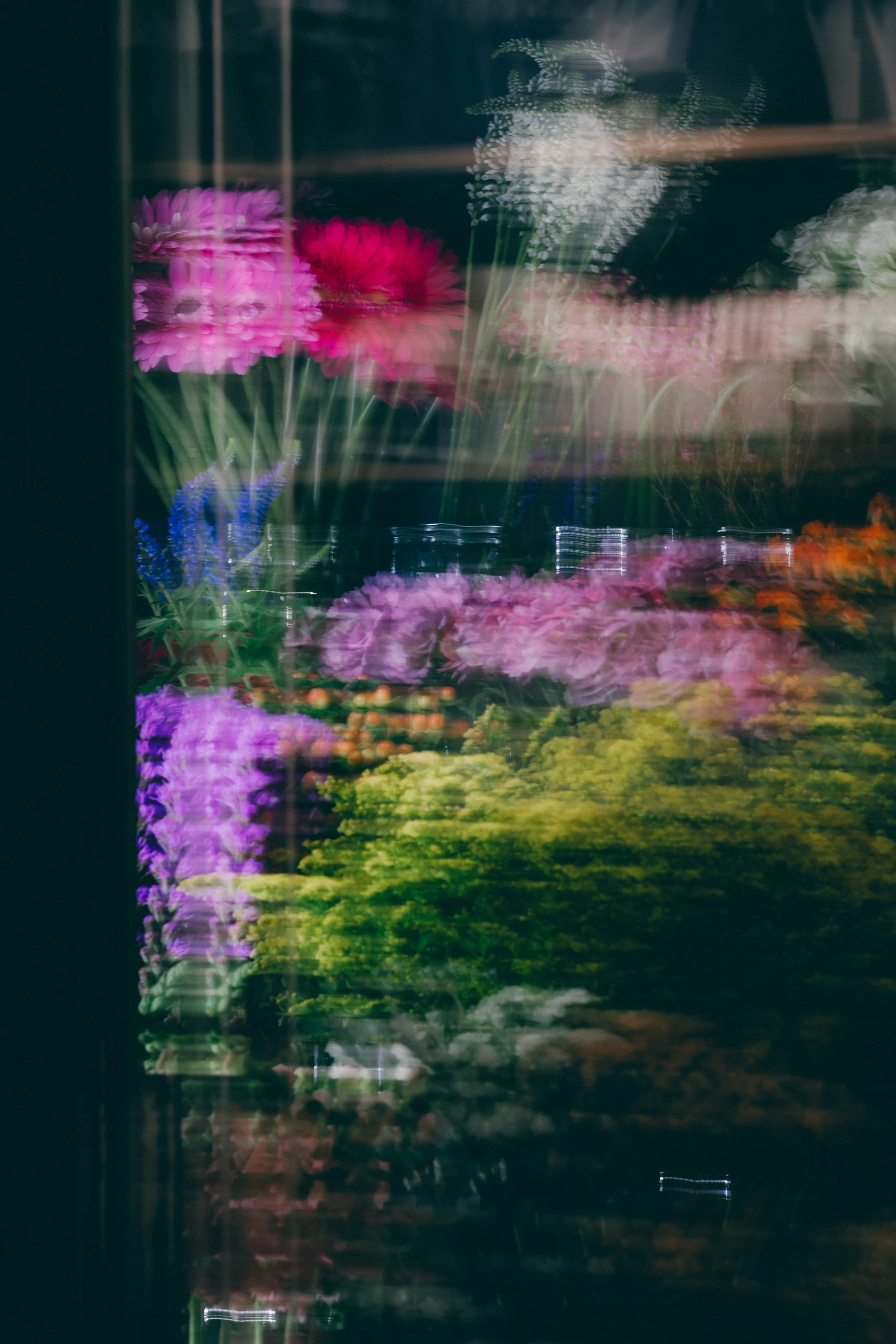 Photo floue de fleurs multicolores, principalement roses, violettes et vertes, avec un effet de mouvement ou de flou artistique.