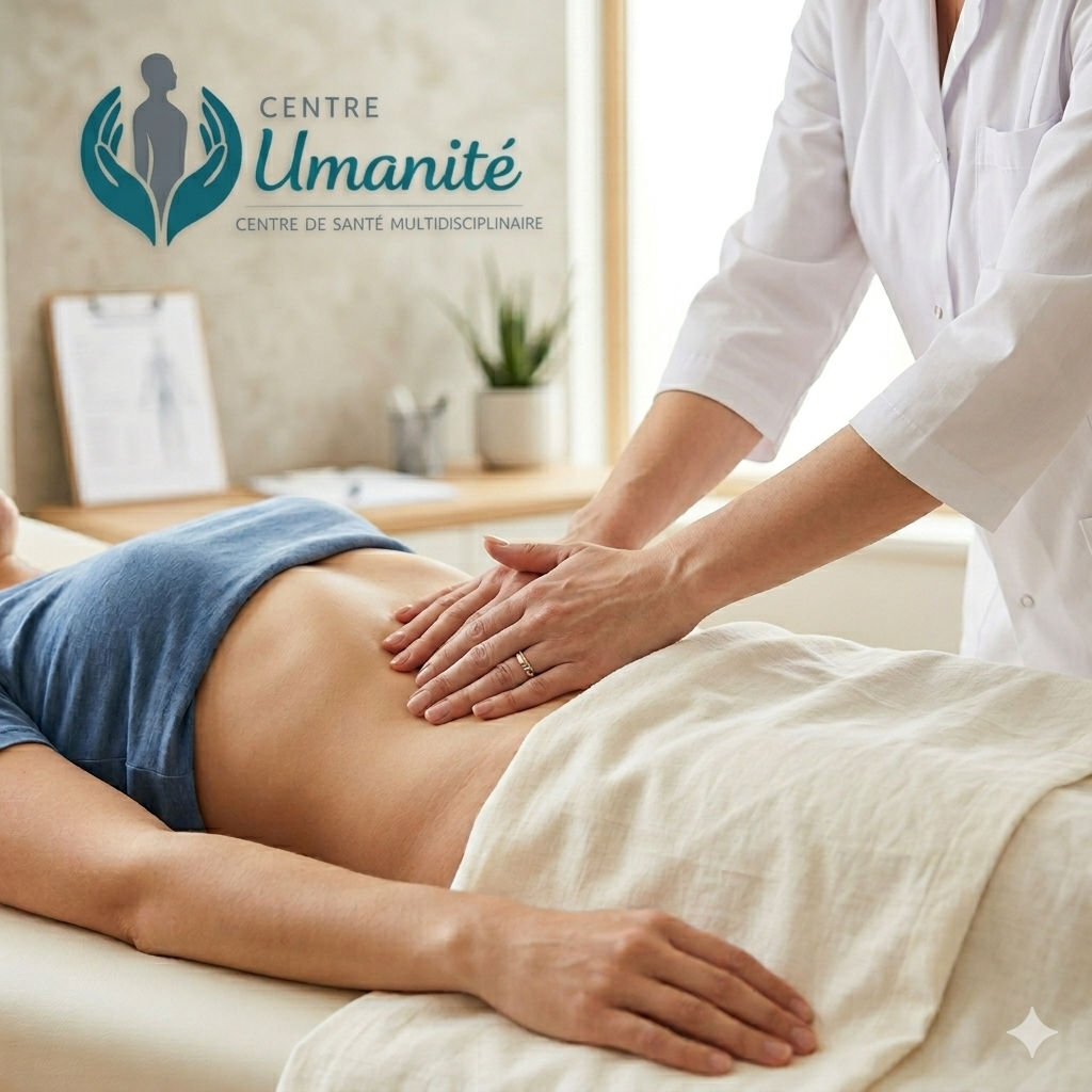 Une praticienne en blouse blanche effectue un massage abdominal à une femme allongée sur un lit médical dans un centre de santé multidisciplinaire.
