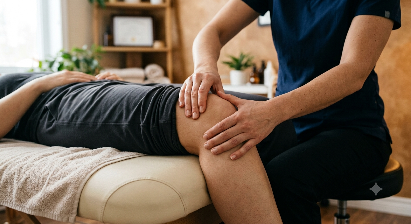 Un thérapeute ou kinésithérapeute faisant de la physiothérapie à un patient allongé sur une table de massage.