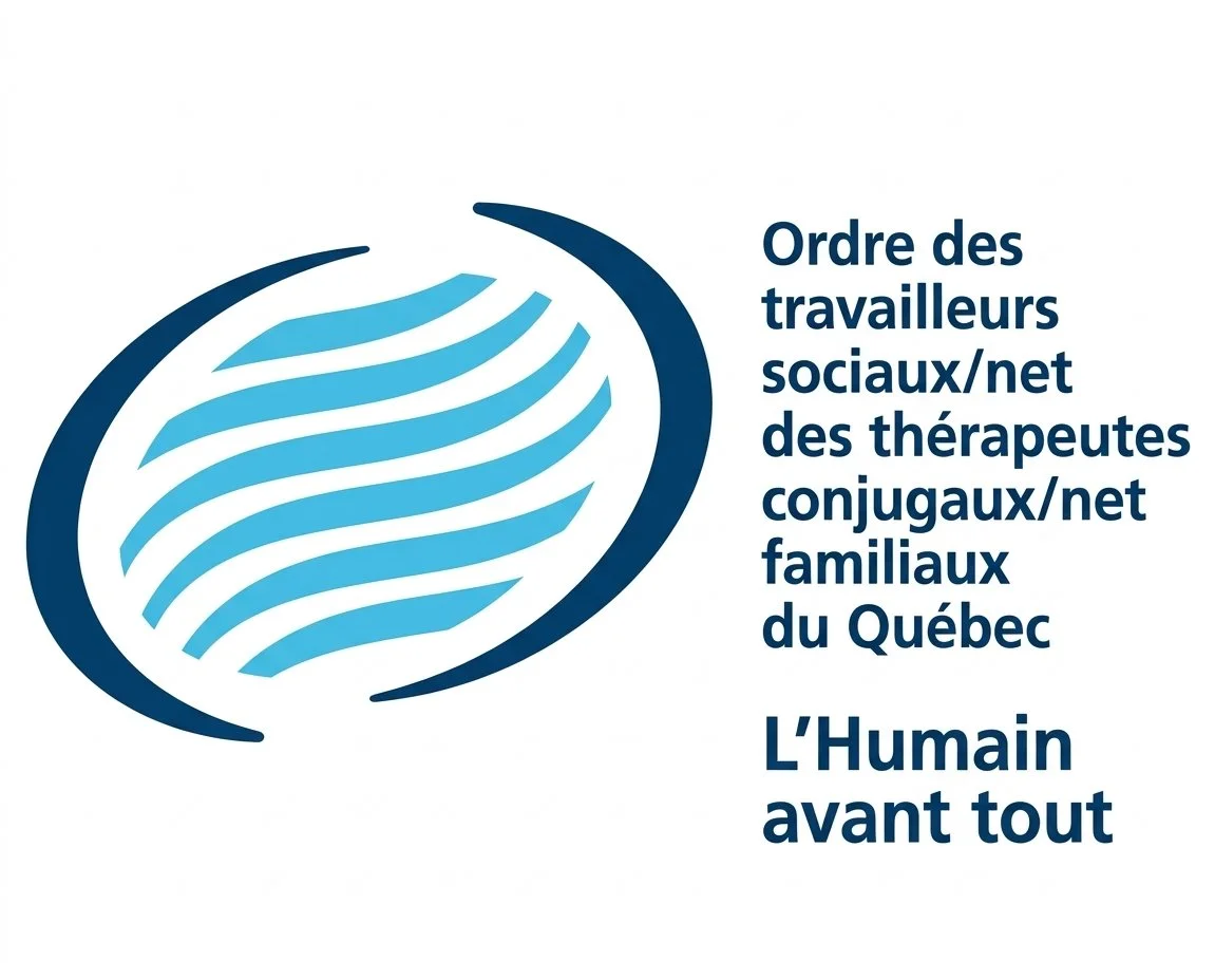 Logo avec un globe stylisé en bleu et le texte en français : "Ordre des travailleurs sociaux/net des thérapeutes conjugaux/net familiaux du Québec. L'Humain avant tout."