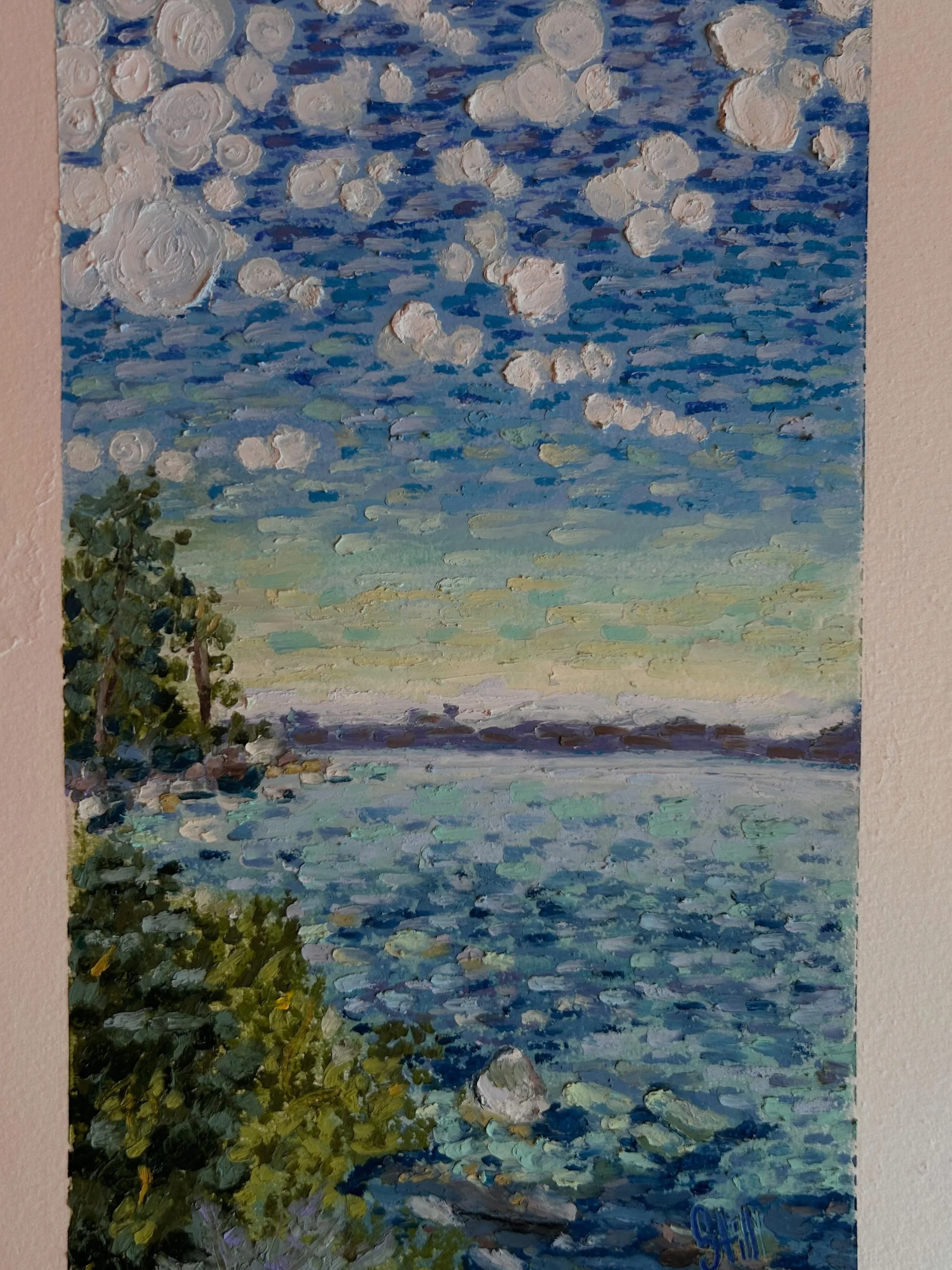 Lake Tahoe! Oil pastels. Experimenting with pointillism and trying to find my own style. So much fun!