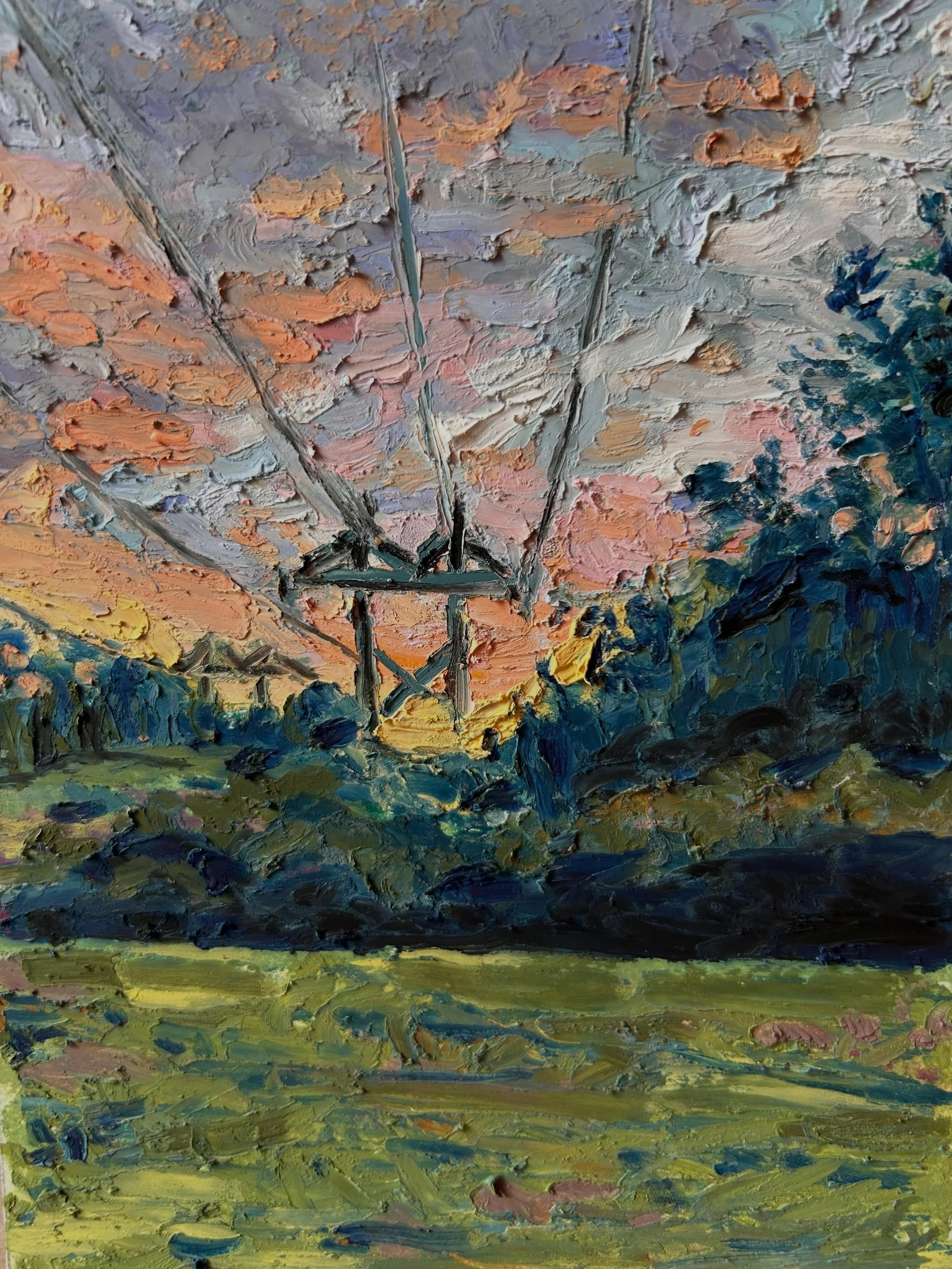 Backyard sunset. Oil pastels.
