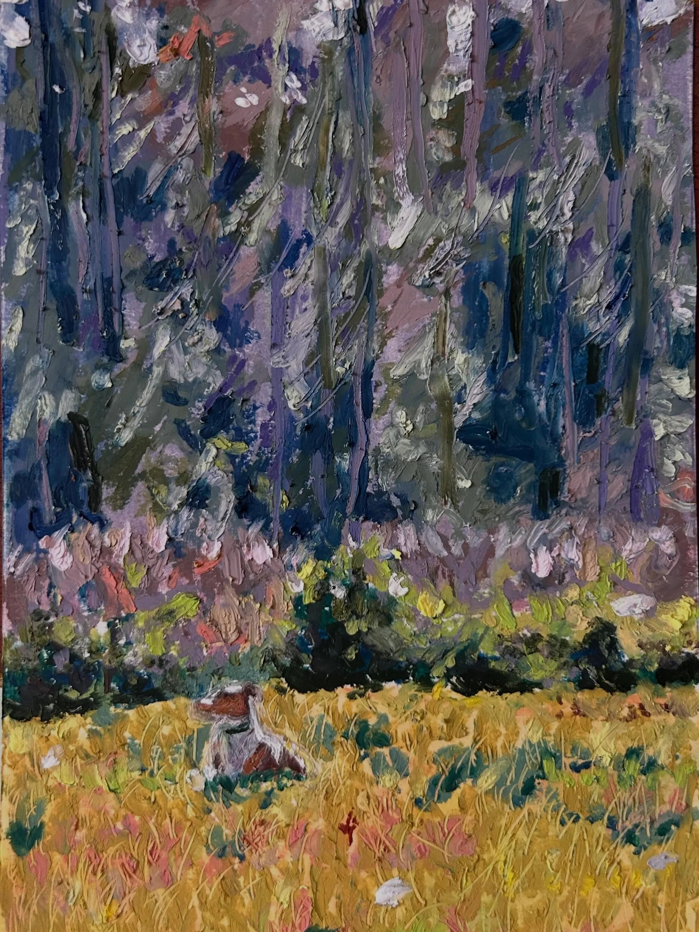 Rudy in the backyard. Oil pastels.