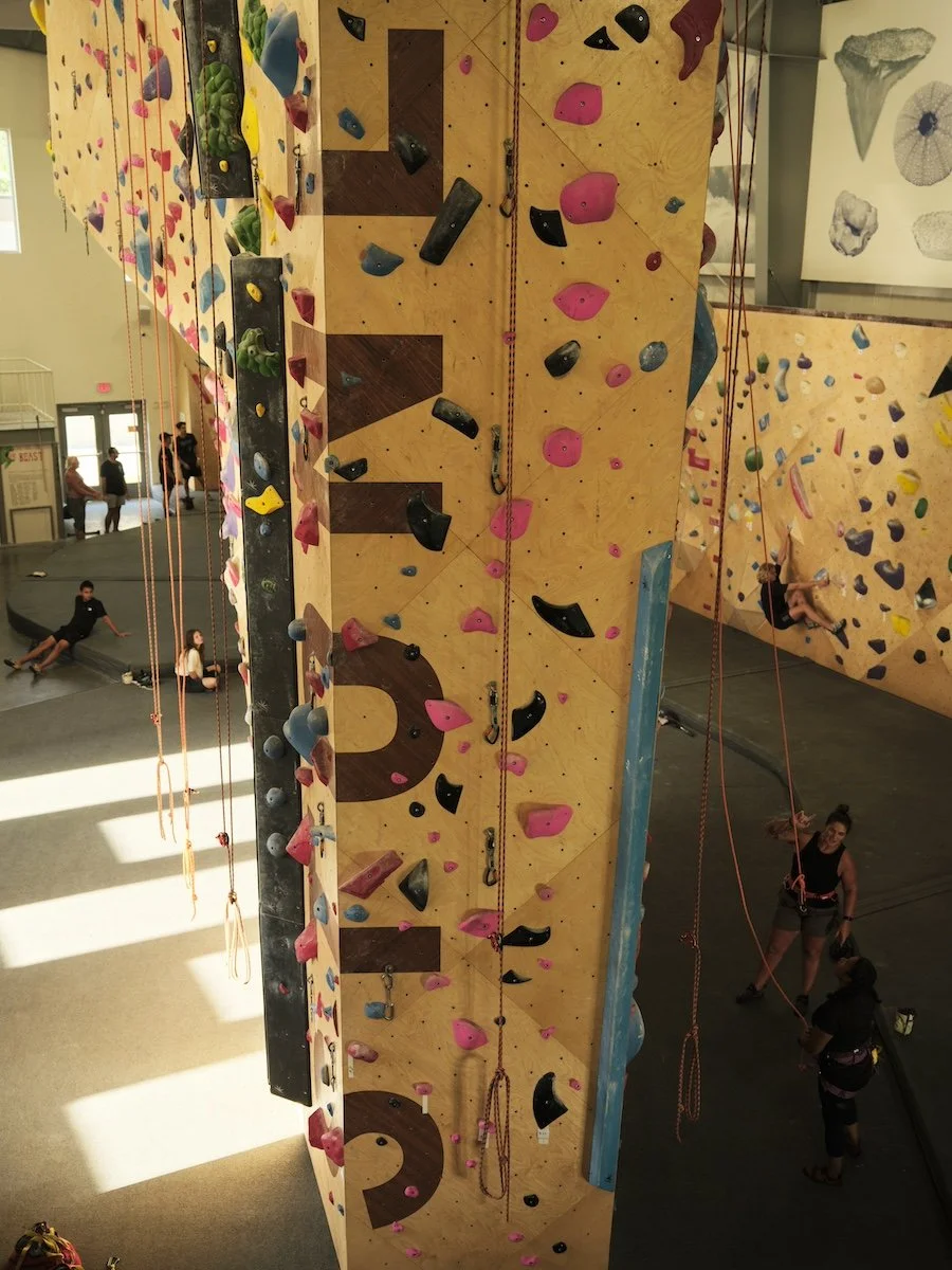 Rope climbing wall with bouldering walls behind it. Women top rope climbing on colorful climbing holds. People bouldering in the background.