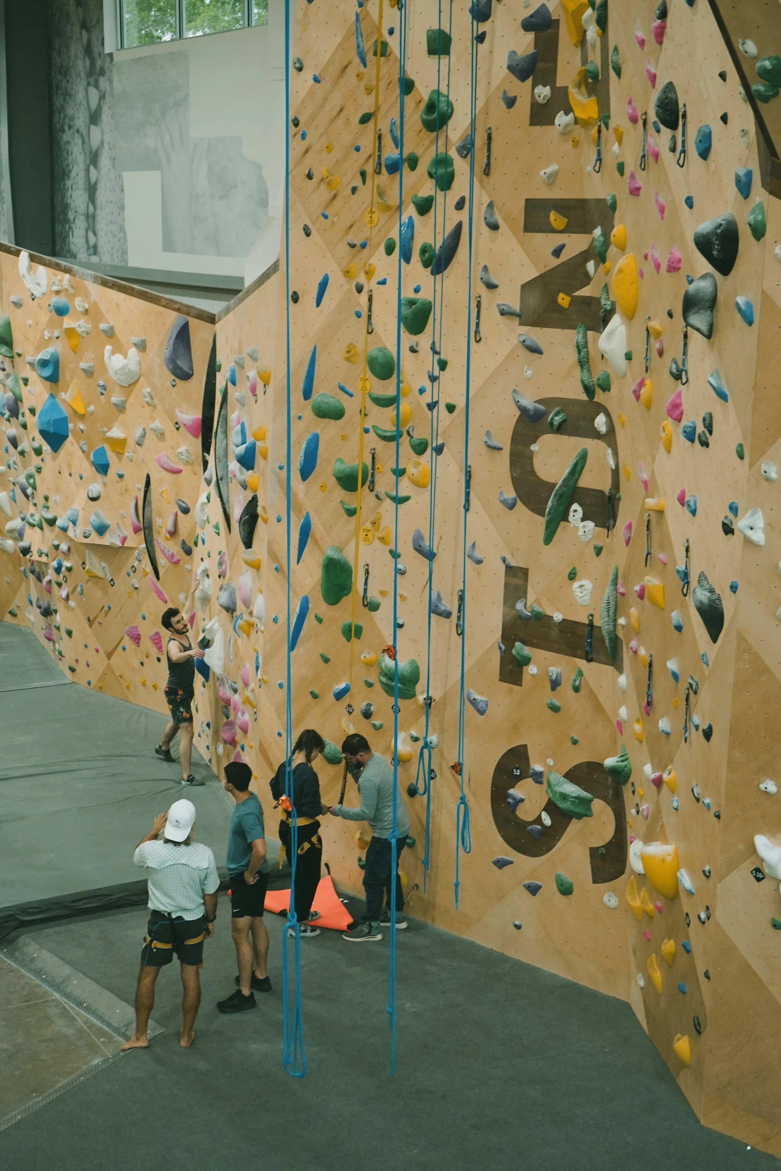 Indoor climbing gym with a large wooden climbing wall filled with colorful holds, people preparing for climbing, and safety ropes hanging from the ceiling.