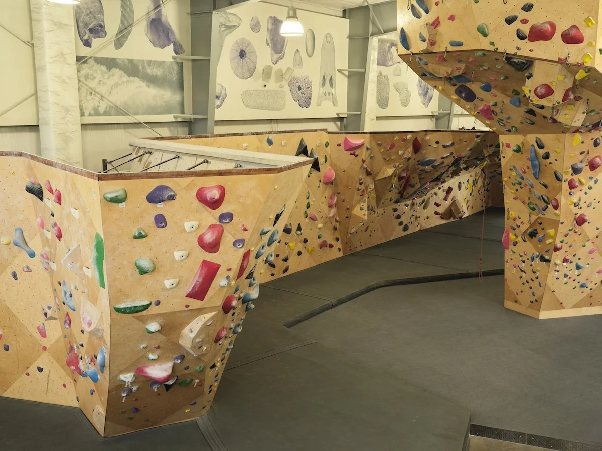 Wide shot of a rock climbing gym with bouldering and rope climbing walls.