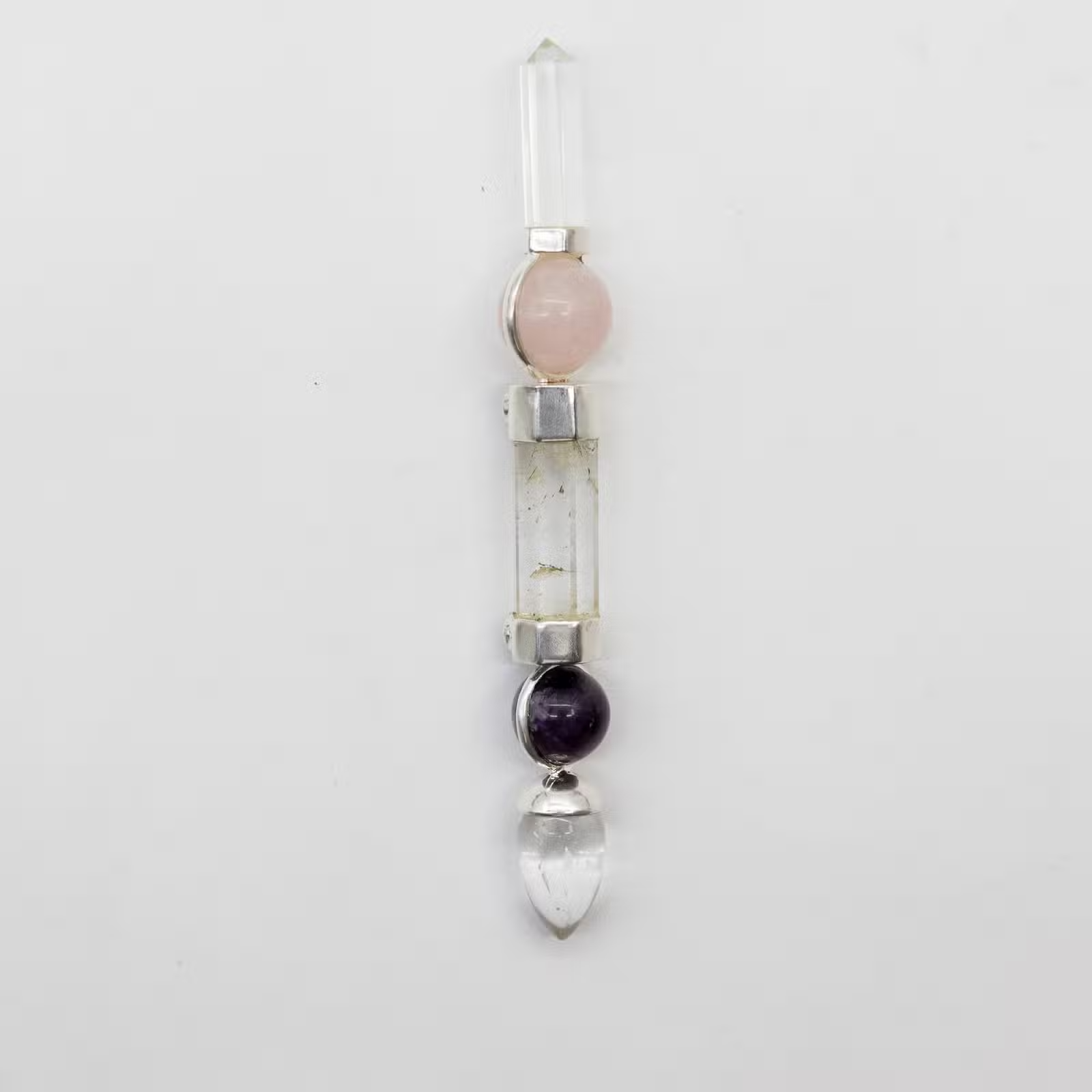 Axis of Grace Wand - Amethyst & Rose Quartz Spheres, Quartz Stem