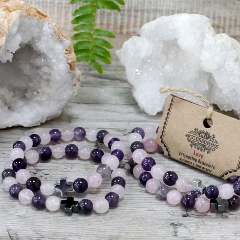 Set of 2 Gemstone Friendship Bracelets – Love – Amethyst & Rose Quartz