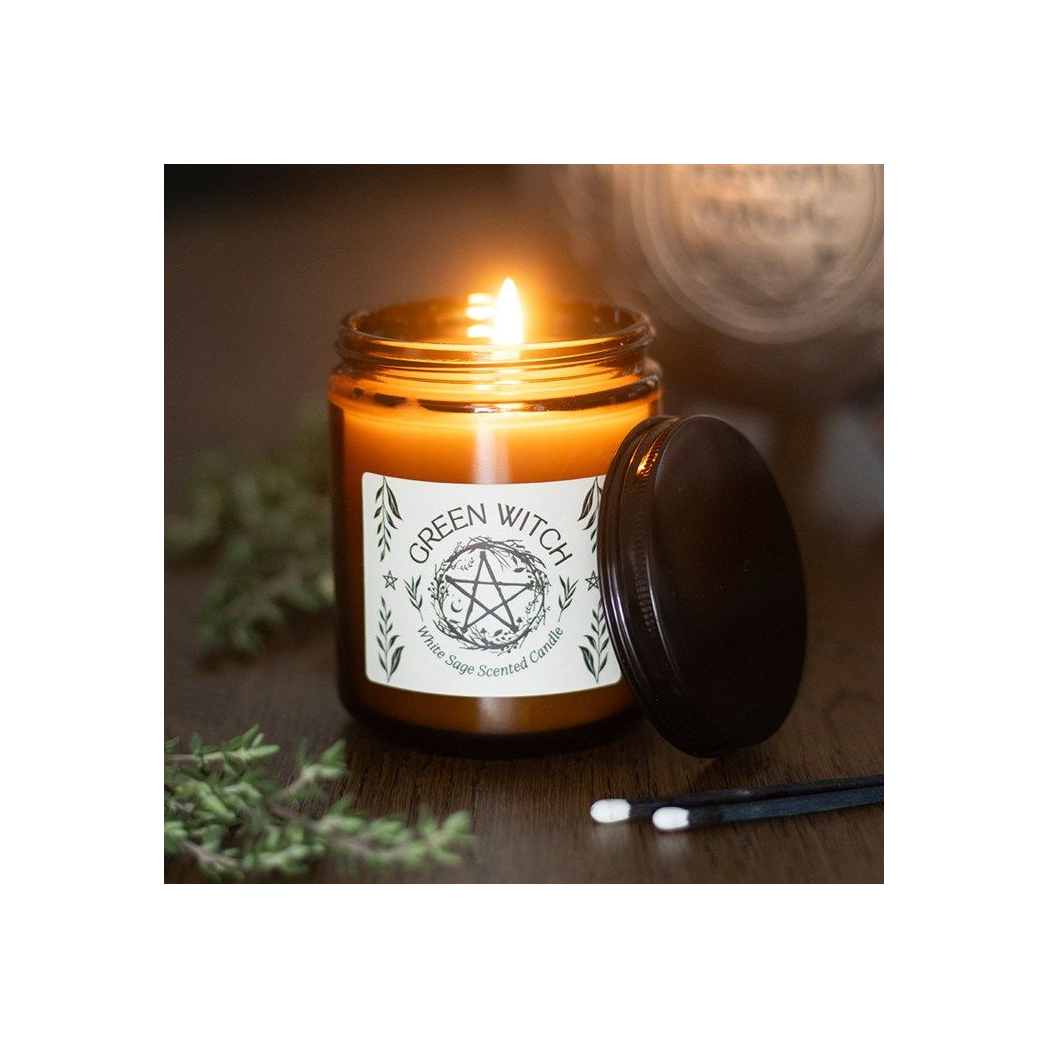 Green Witch White Sage Amber Glass Candle