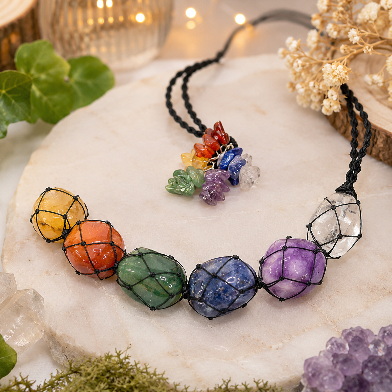 Hanging Chakra Stone Pendant - Seven Chakra Chips