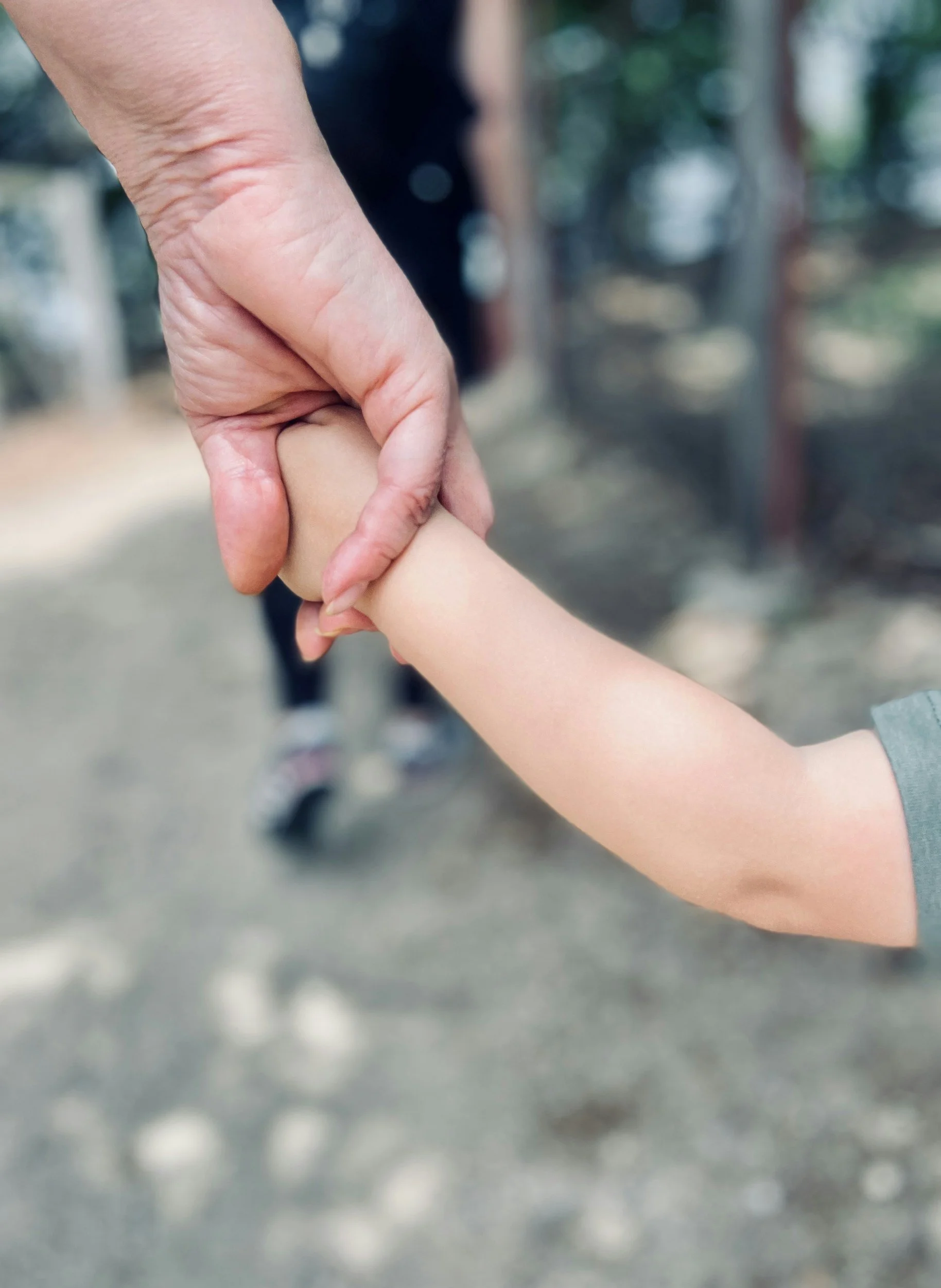 Close-up of an adult hand holding a child's hand outdoors, with blurred trees in the background.