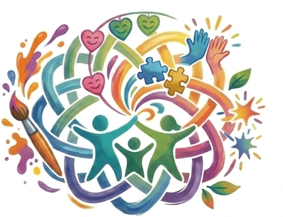 Colorful illustration of three people holding hands inside a swirling abstract design with hearts, puzzle pieces, paintbrush, stars, and leaves.