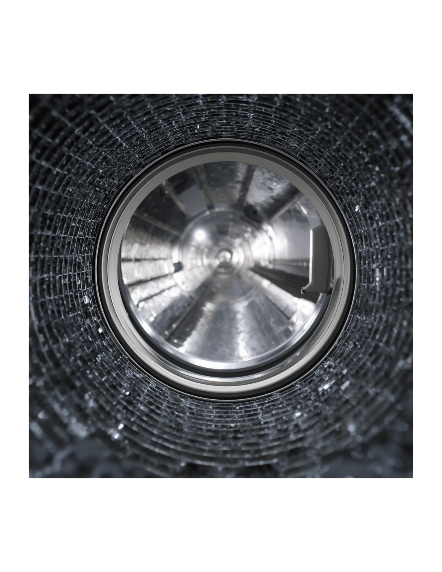 View inside a metallic drum or container with water droplets on the inner surface, looking towards the open end.