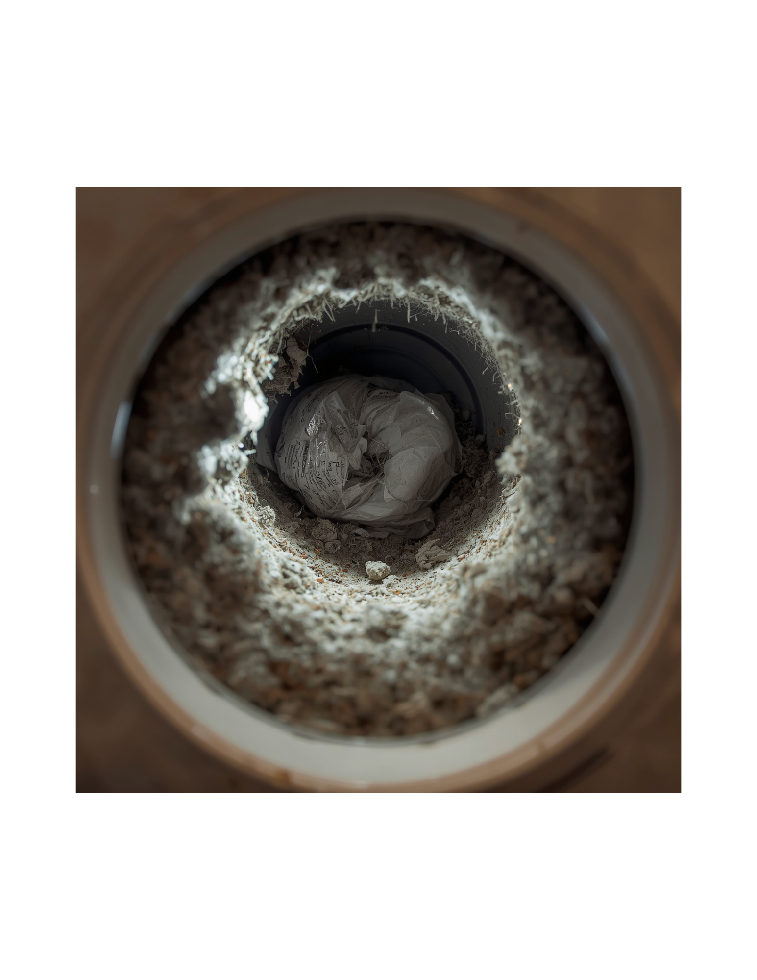 Inside a dryer, viewed from above, showing lint collection with crumpled paper and lint around the edges.