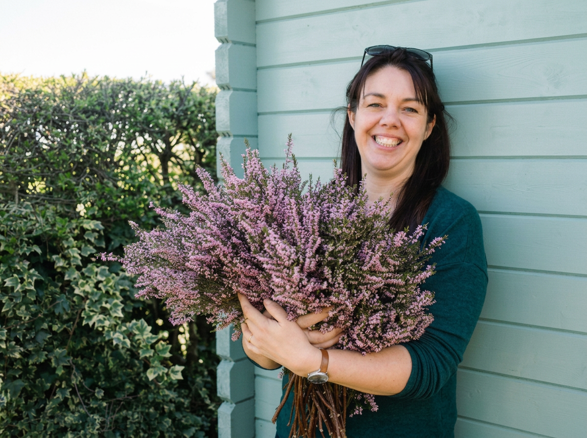 A woman standing outside, smiling, holding a large bouquet of pink and purple flowers, and leaning against a light green wooden wall.