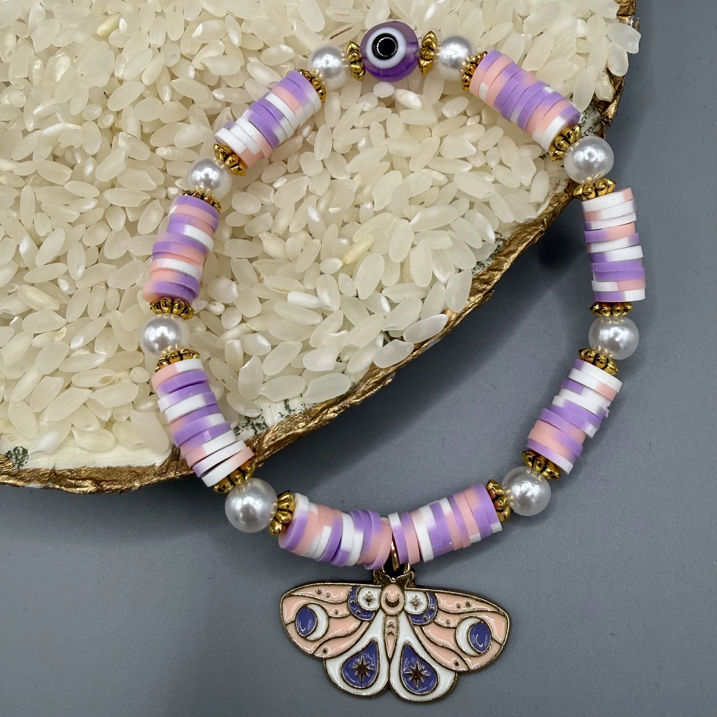 6 In Stretch Heishi Bead Bracelet Pink Moth