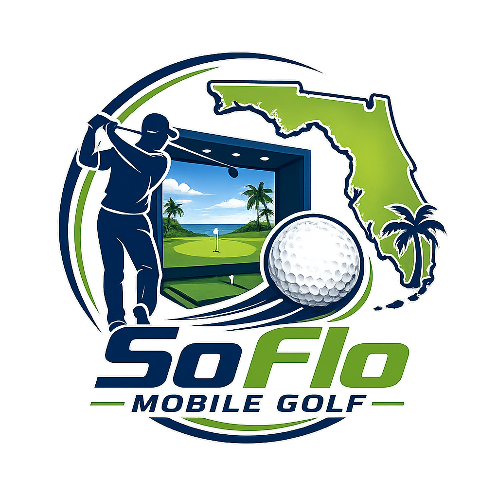 Logo for So Flo Mobile Golf featuring a golfer swinging a club, a golf ball, a Florida map outline, and a scenic golf course with palm trees and ocean in the background.