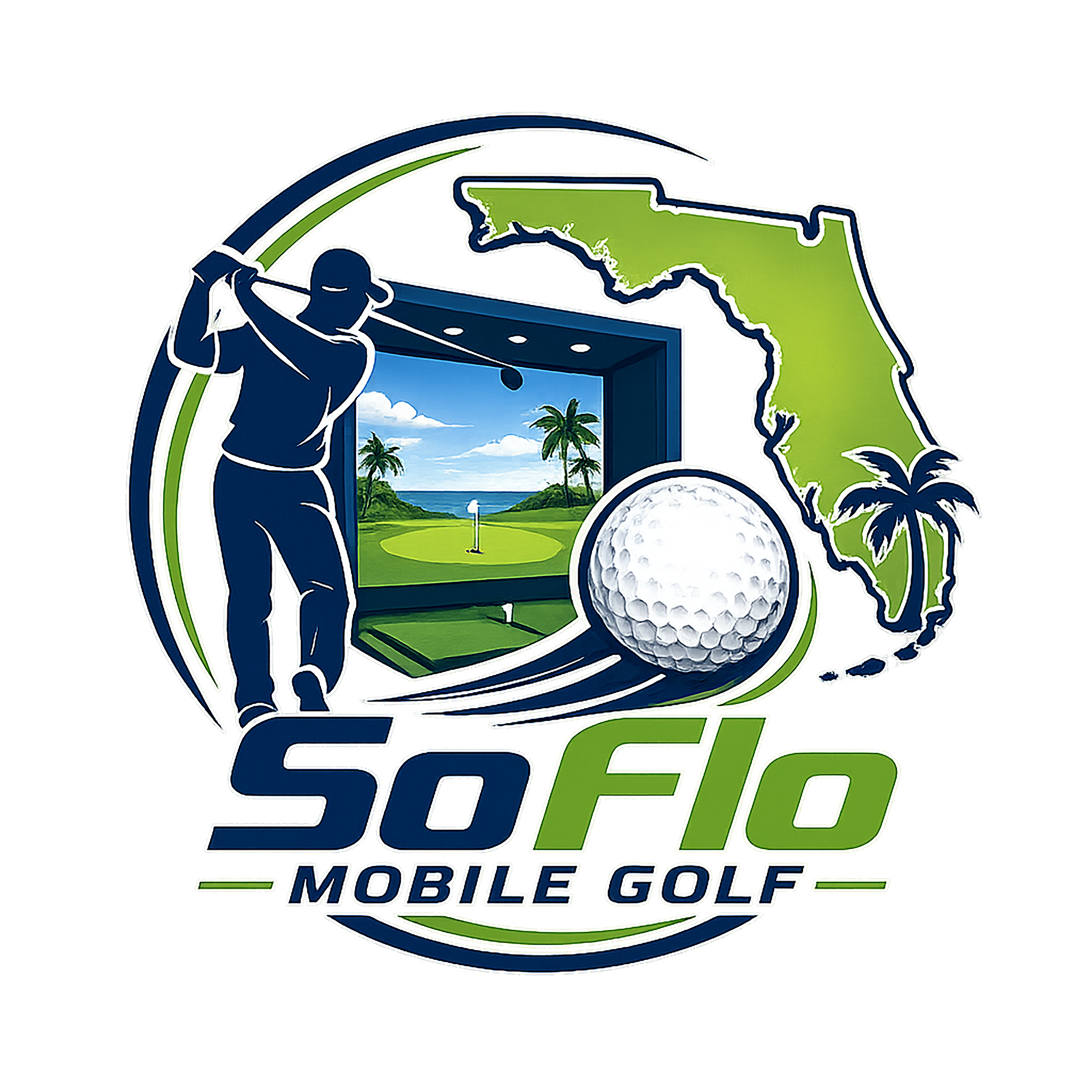 Logo for Mobile Golf, featuring a golfer silhouette with a golf club, a golf course background with palm trees, and the text 'Mobile Golf'.