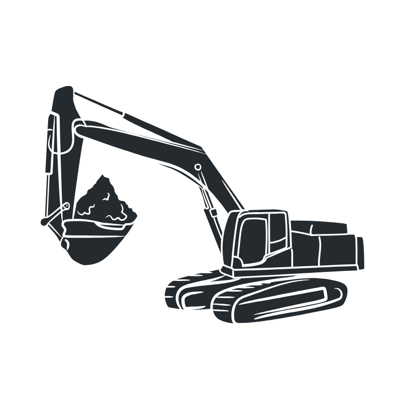 Black illustration of an excavator with a bucket filled with dirt.