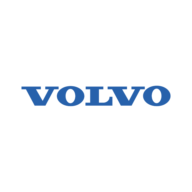 The image features the word 'VOLVO' in bold, blue letters centered on a black background.