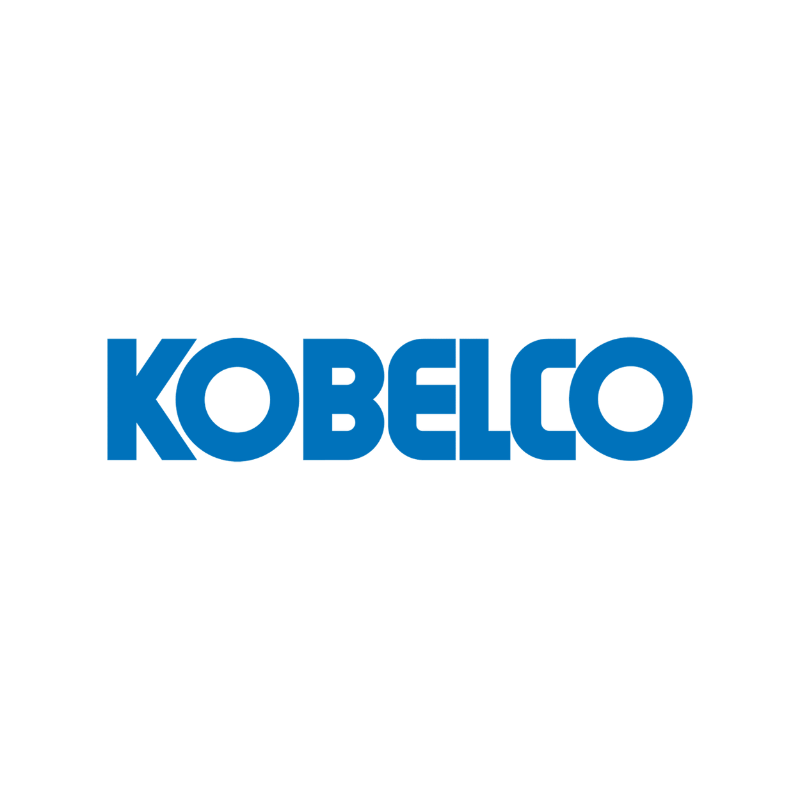 Logo of Kobelco, a blue stylized text on a black background.