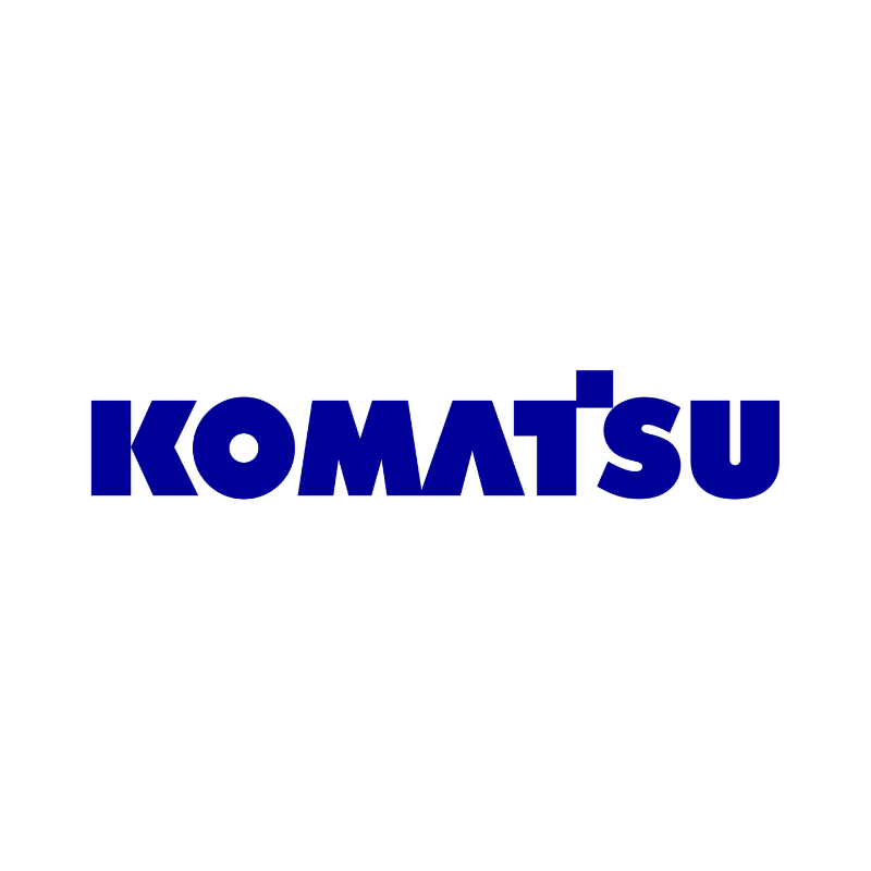 Komatsu logo in blue text with a stylized depiction of a bulldozer above it.