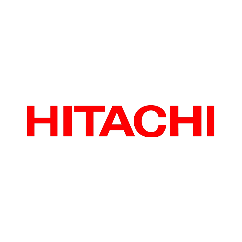 Hitachi logo on a black background with red text