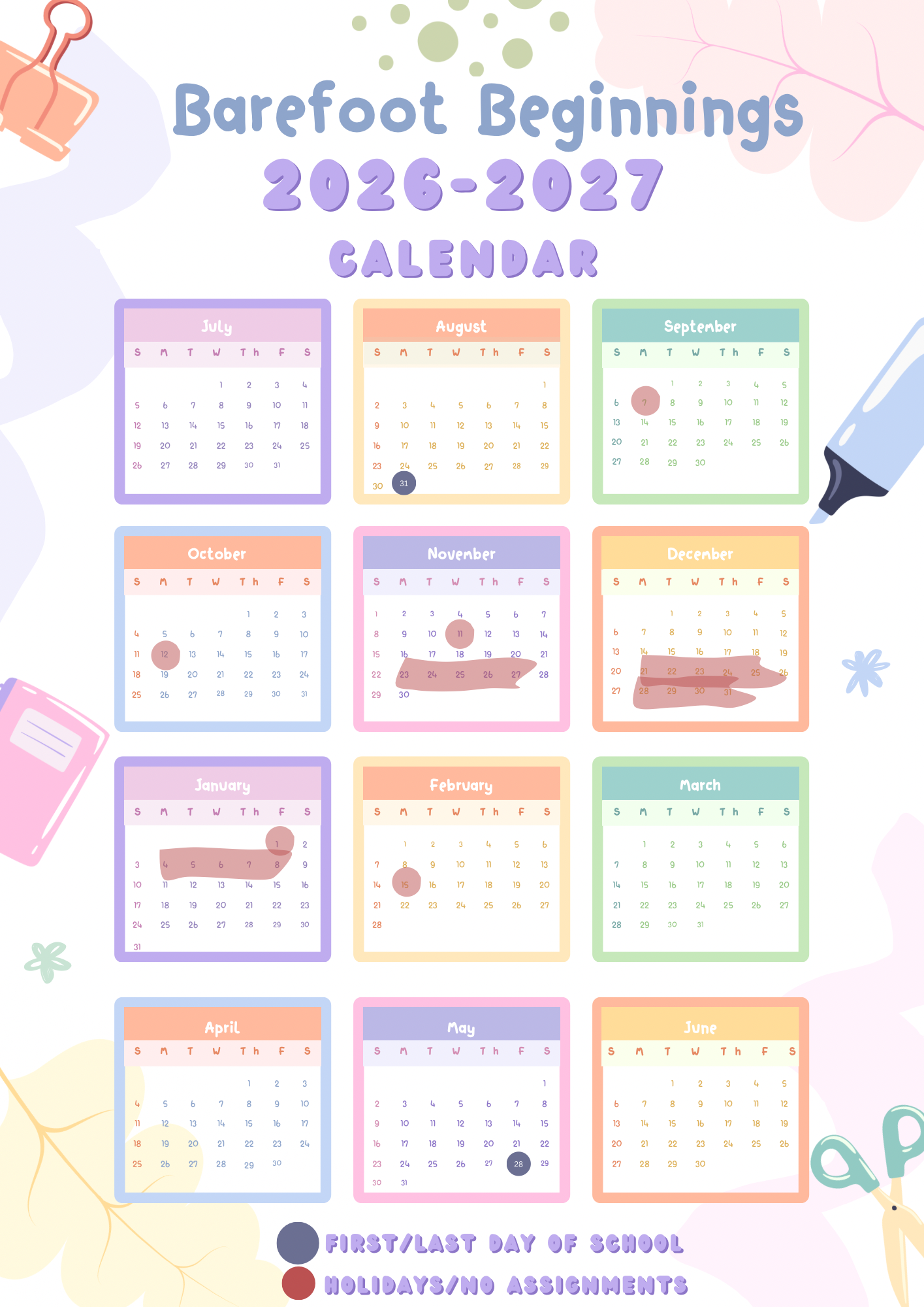Barefoot Beginnings Toddler through Kindergarten calendar for 2026-2027 academic year
