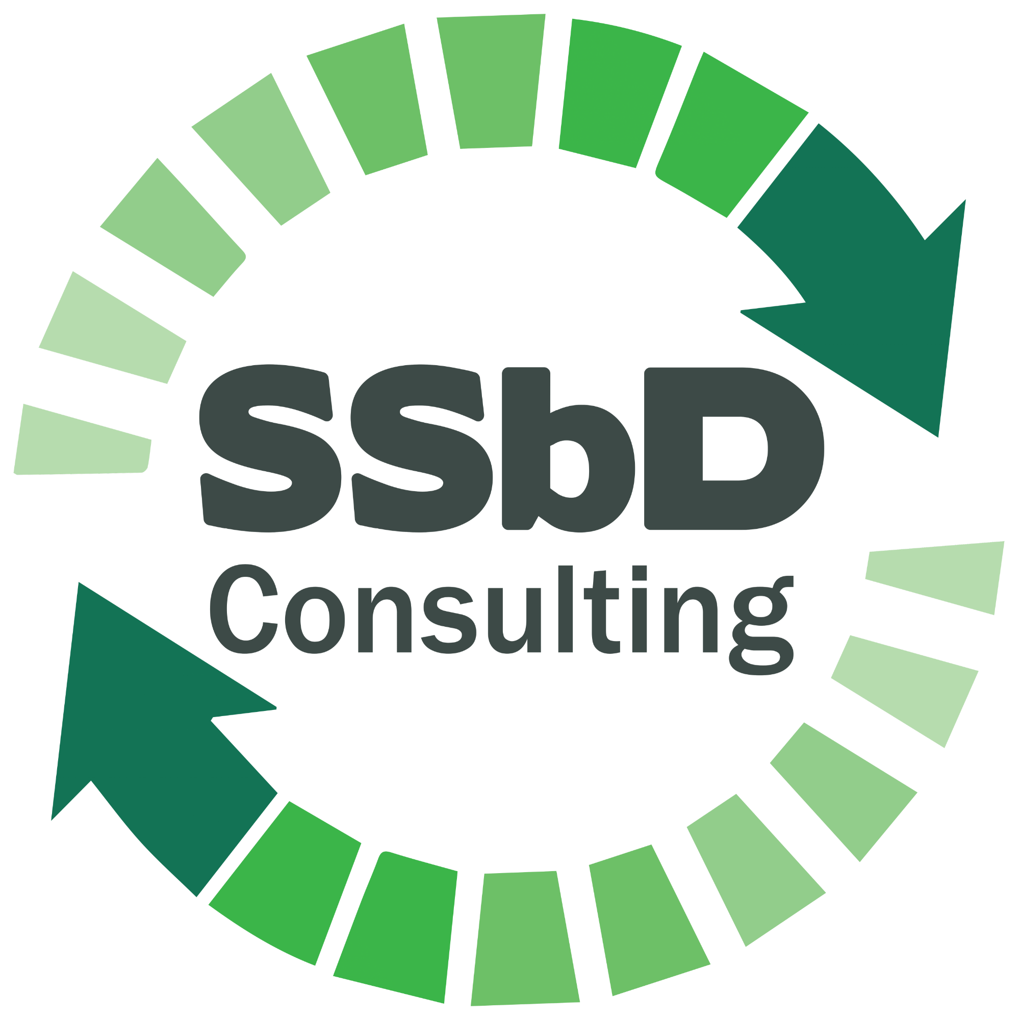 Logo of SSA Consulting with a circular design made of green and dark green segments surrounding the black text 'ssa Consulting'.