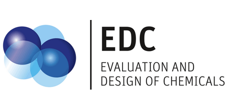Logo of EDC, Evaluation and Design of Chemicals, with blue bubbles on the left and black text on the right.